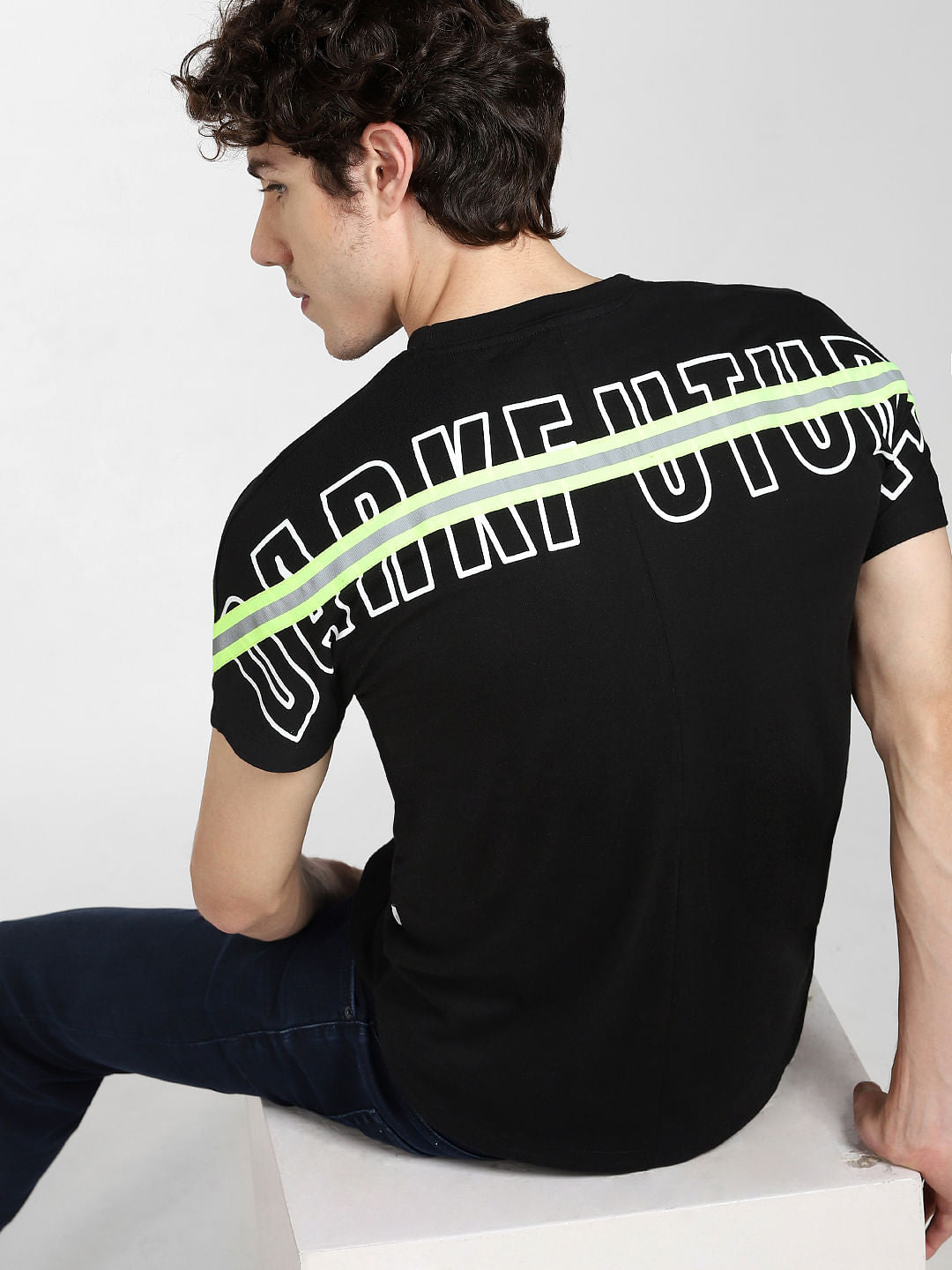 Black Text Print Crew Neck T-shirt - S