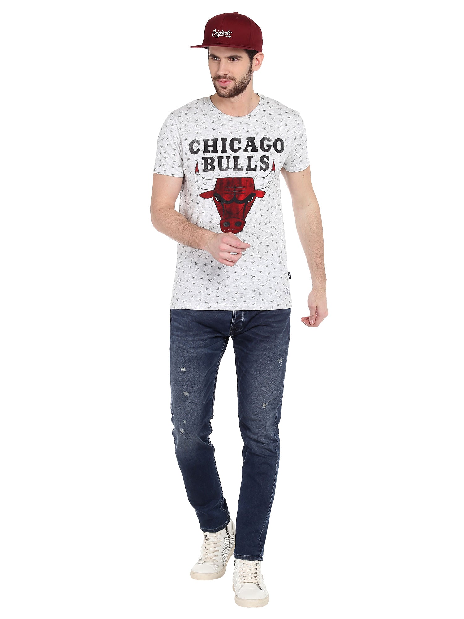 Chicago Bulls Printed White Crew Nba Neck T-Shirt