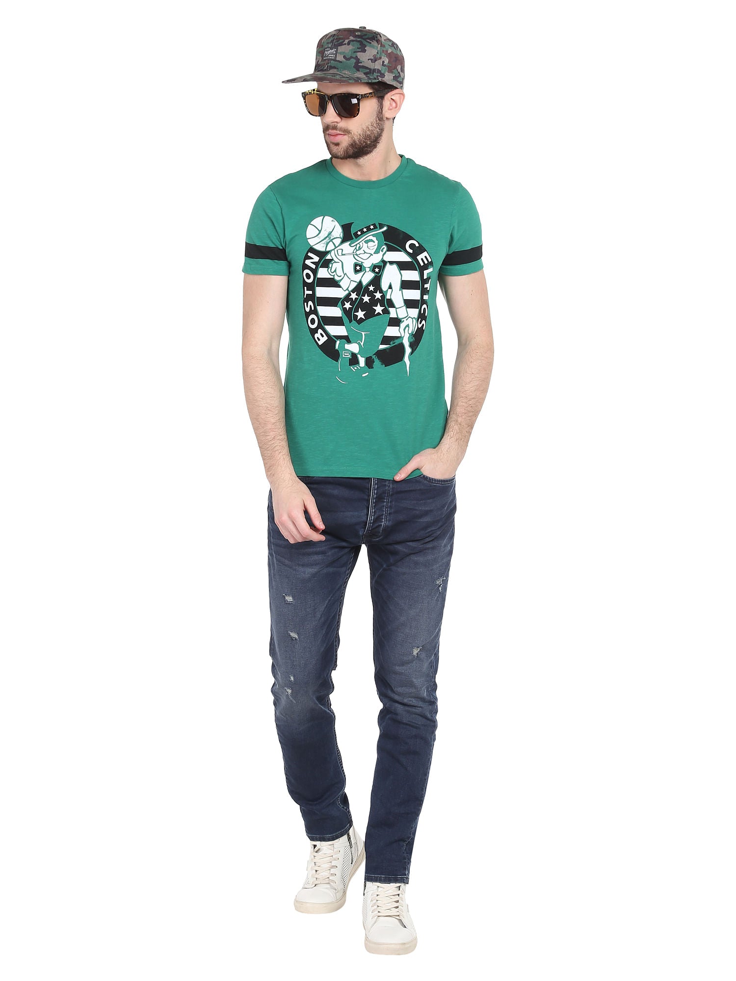 Boston Celtics Mascot Print Green Crew Neck Nba T-Shirt