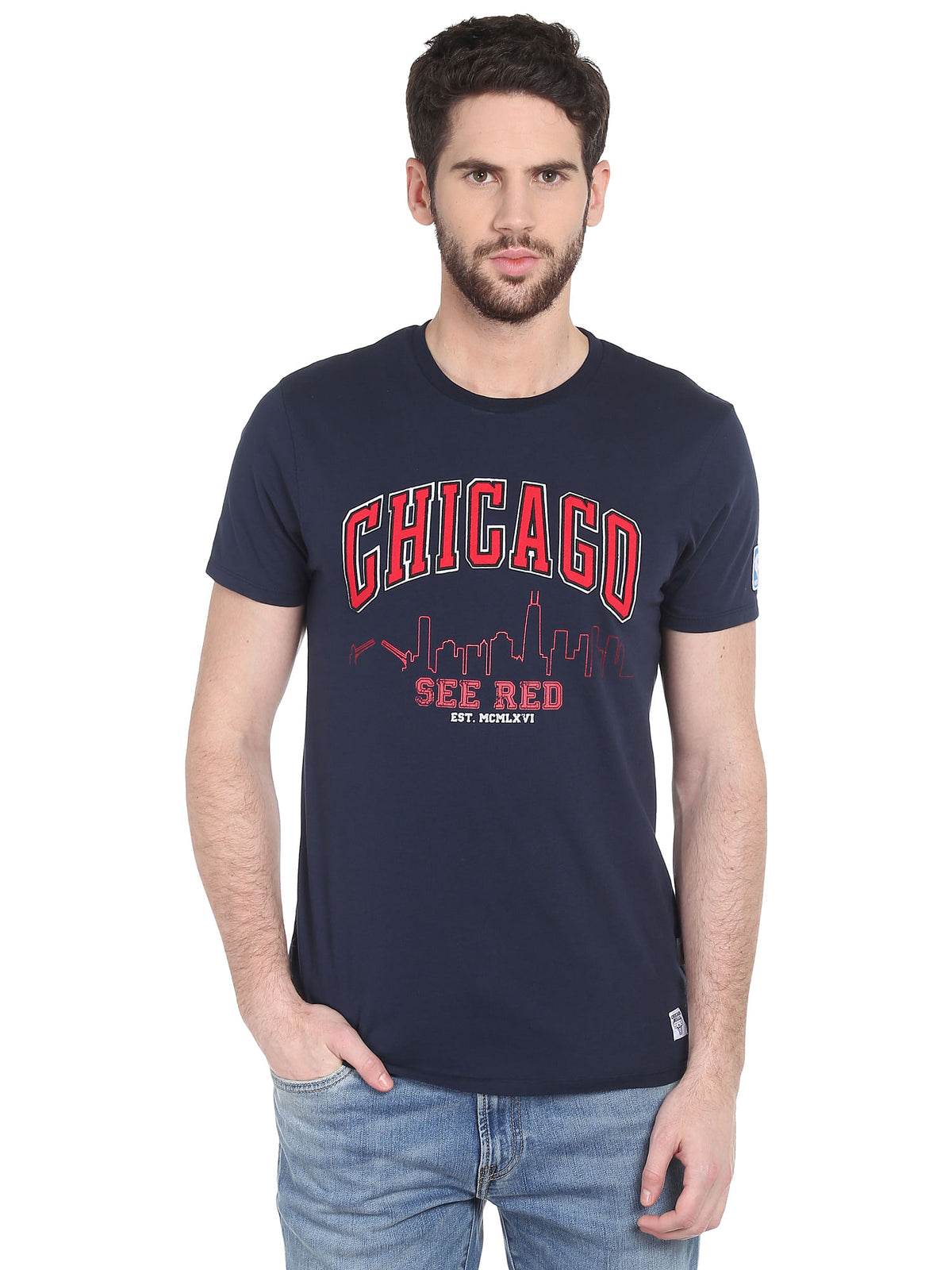 Chicago Bulls Navy Blue Crew Neck Nba T-Shirt - S