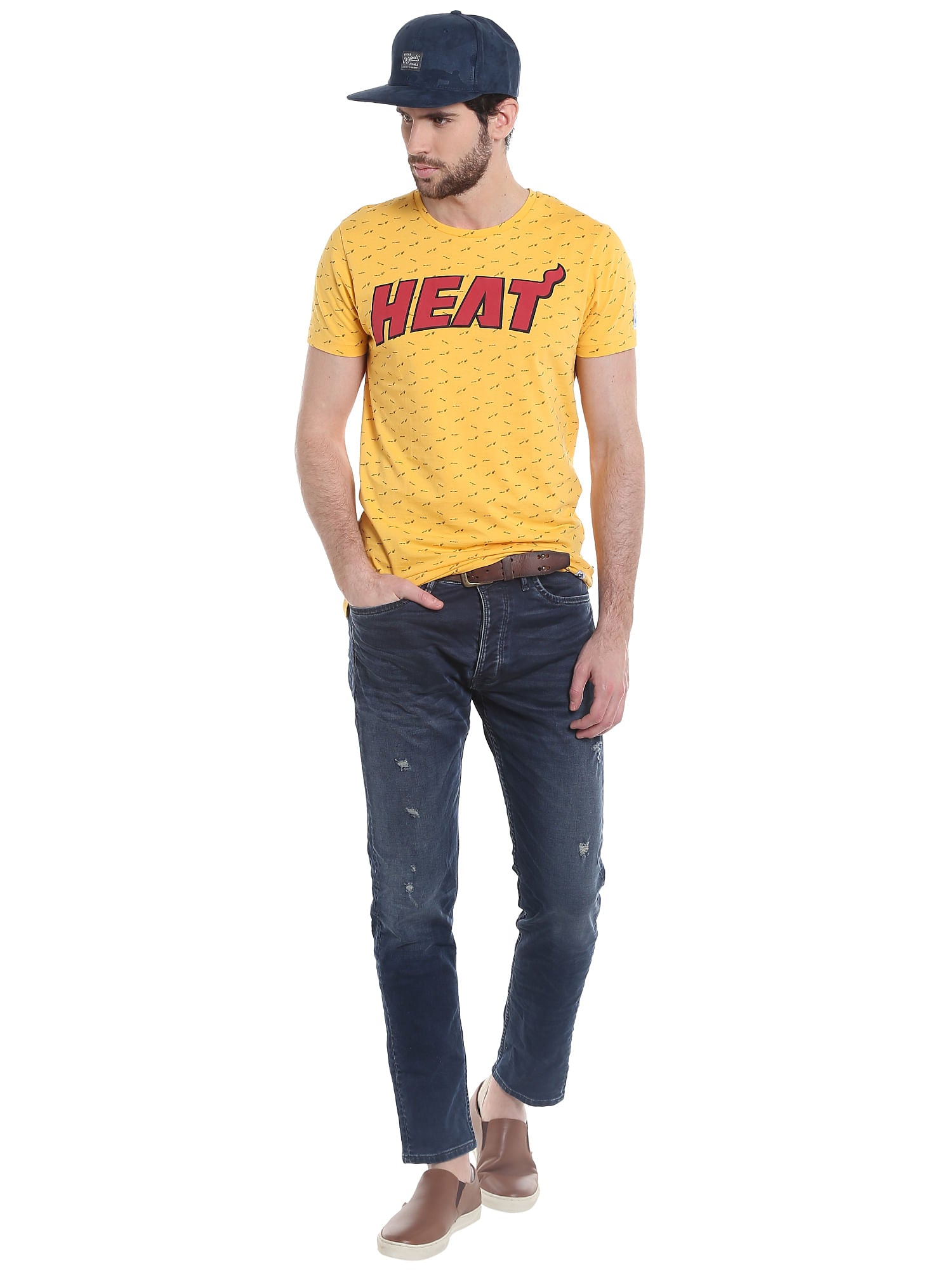 Miami Heat Printed Yellow Crew Neck Nba T-Shirt