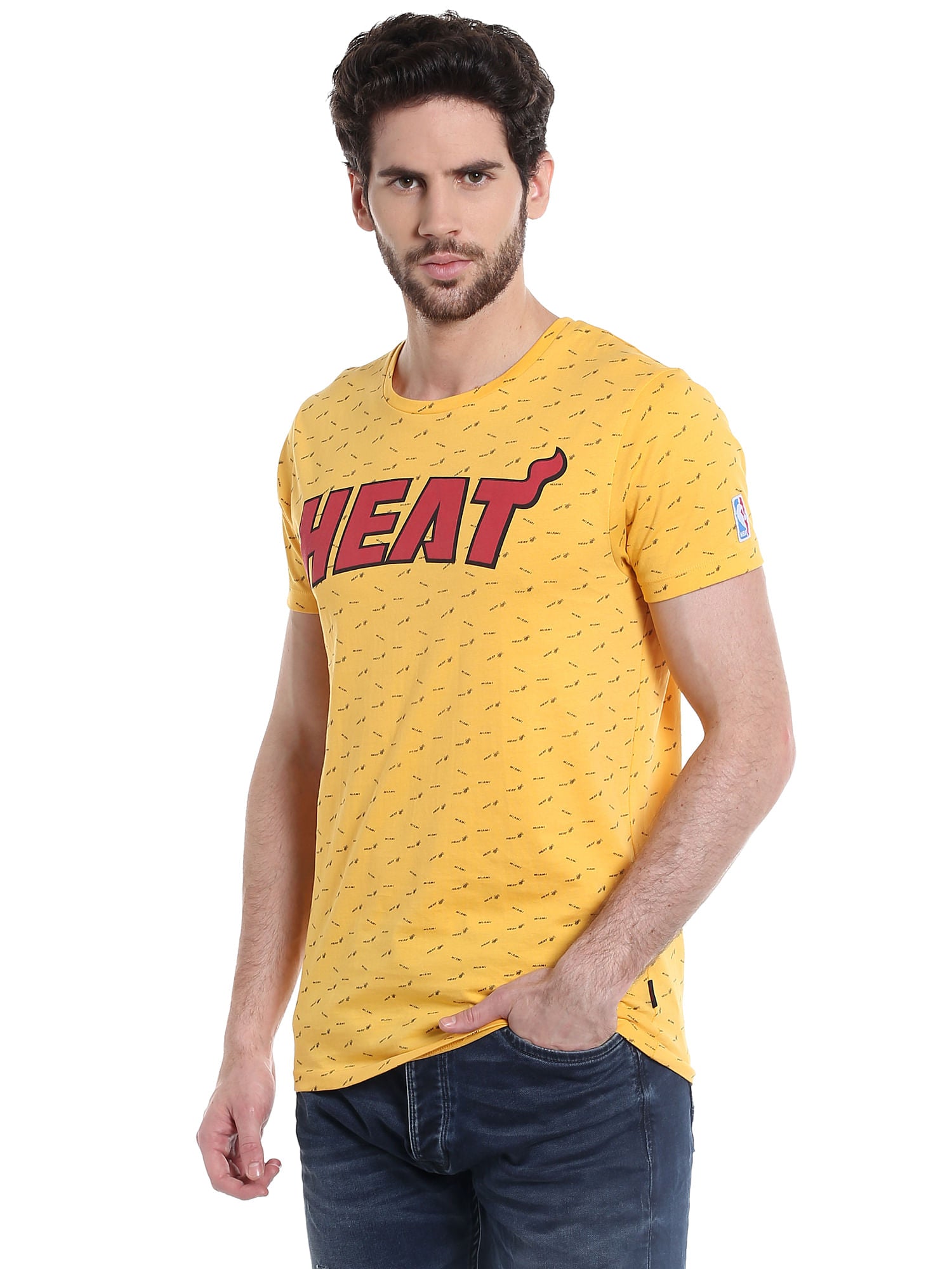 Miami Heat Printed Yellow Crew Neck Nba T-Shirt