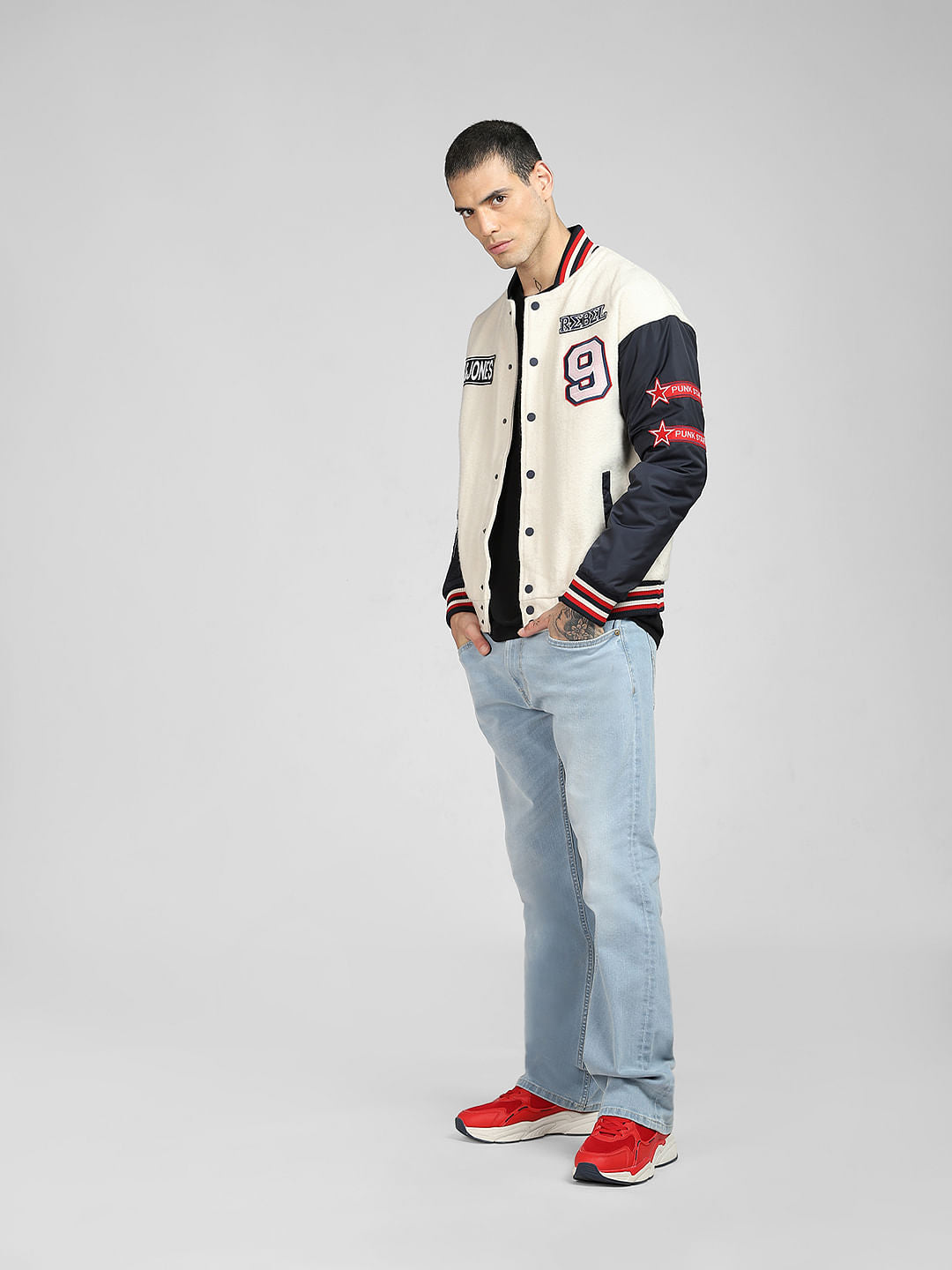 Buy Beige Varsity Bomber Jacket for Men