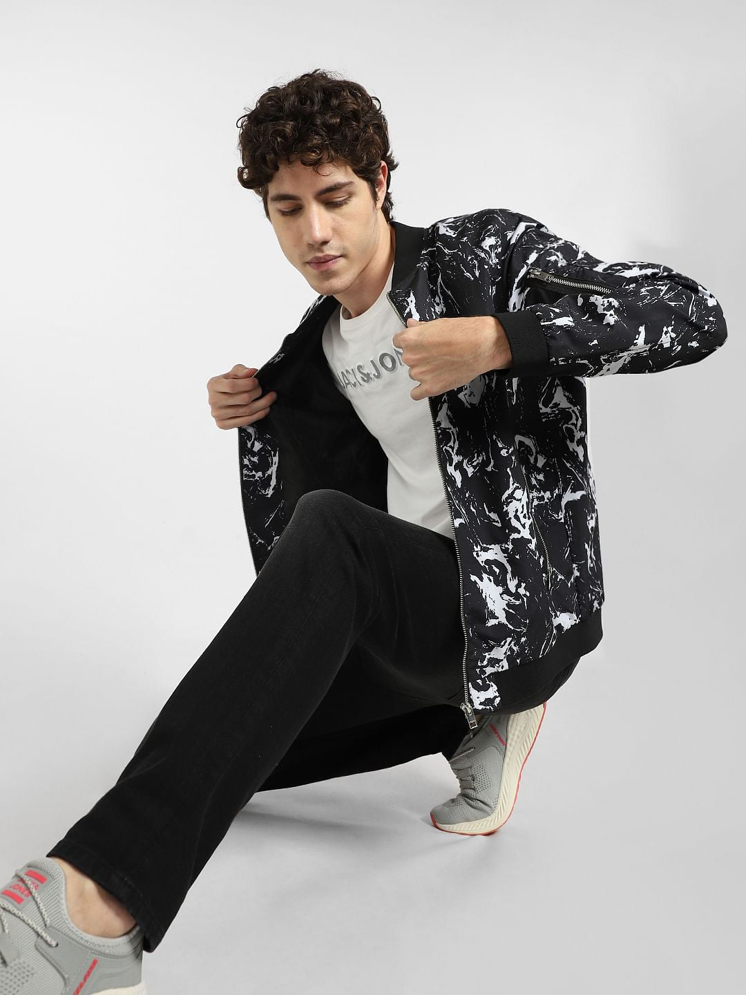 Black Marble Print Bomber Jacket - S