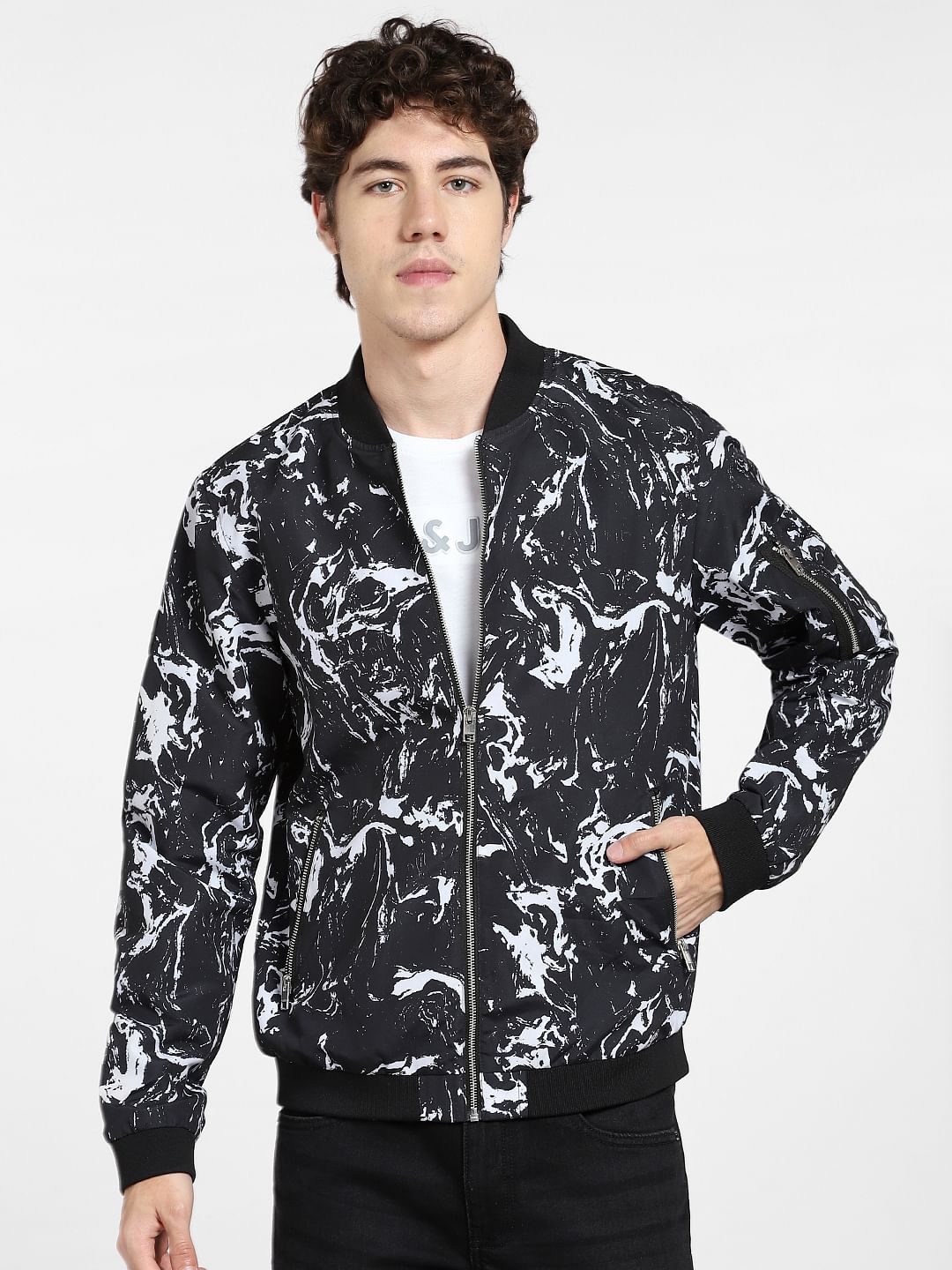 Black Marble Print Bomber Jacket