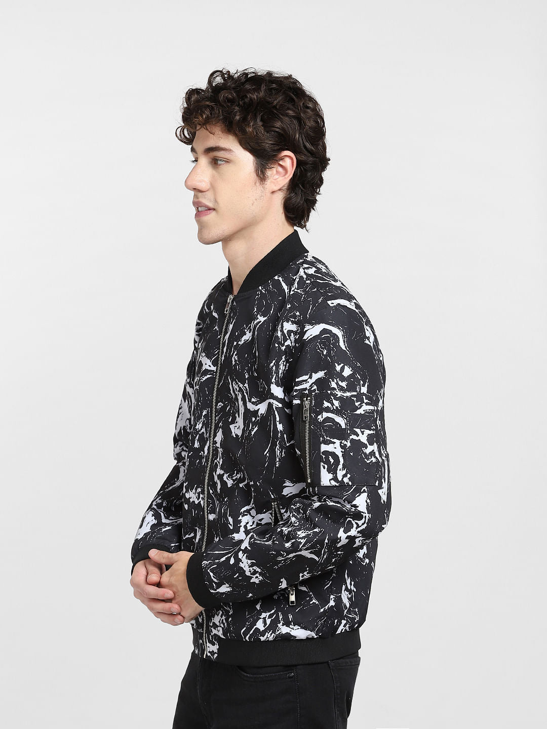 Black Marble Print Bomber Jacket