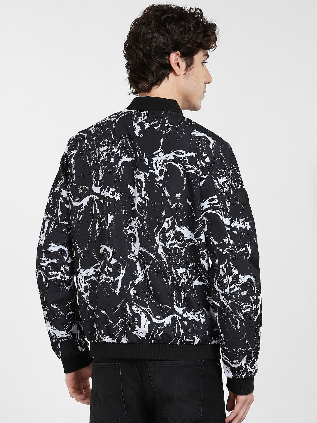 Black Marble Print Bomber Jacket