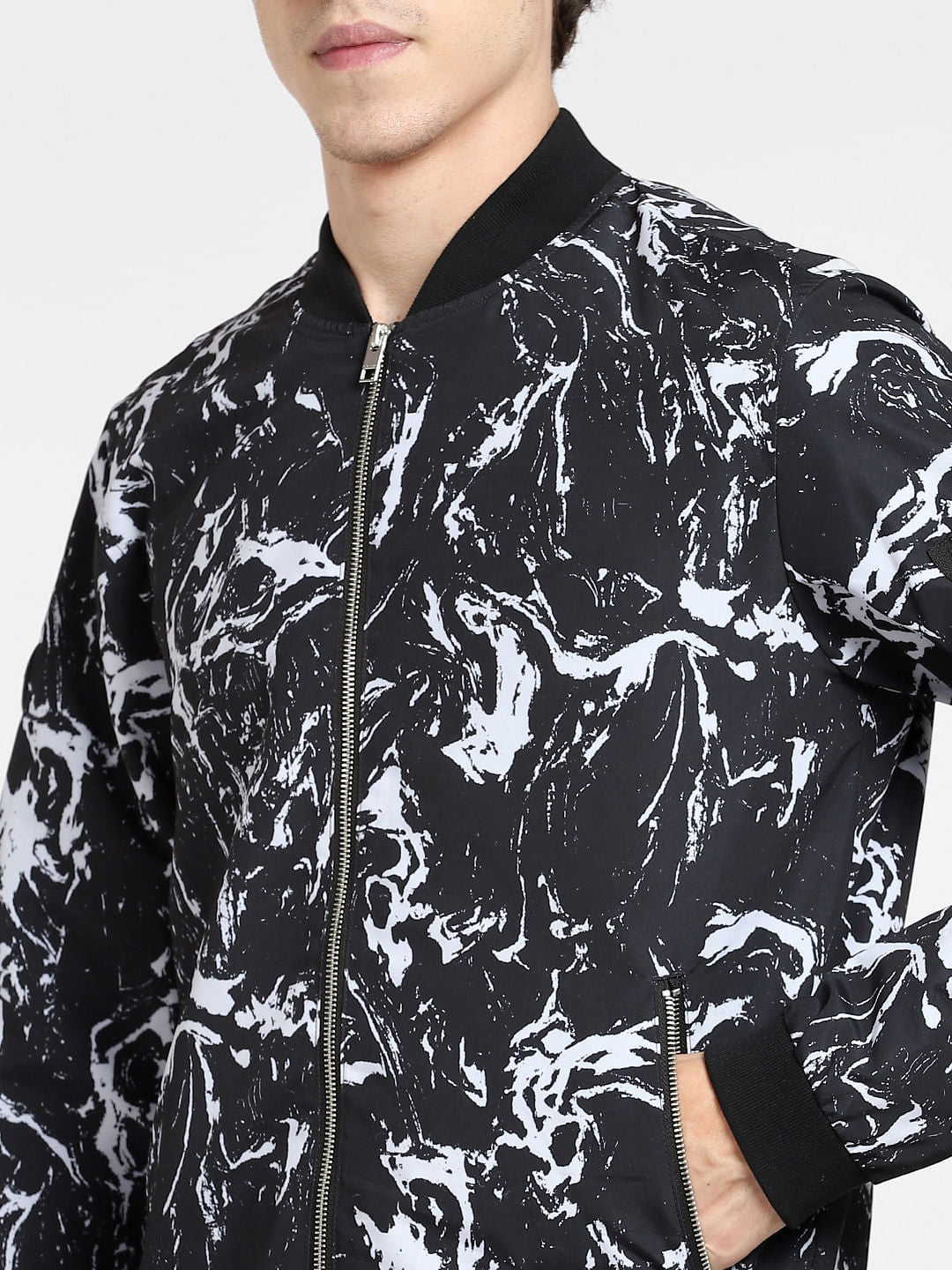 Black Marble Print Bomber Jacket