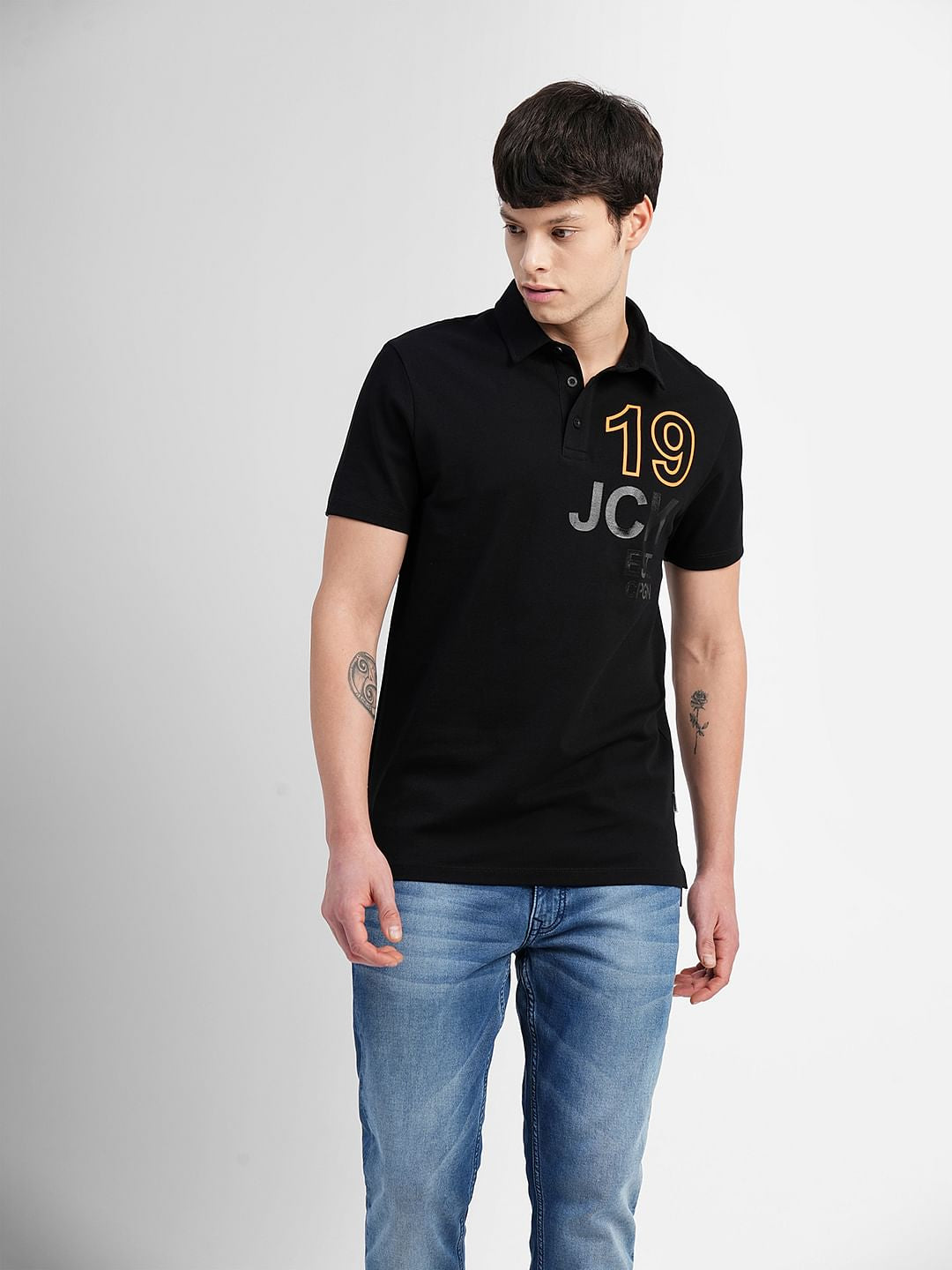 Black Printed Polo Neck T-shirt
