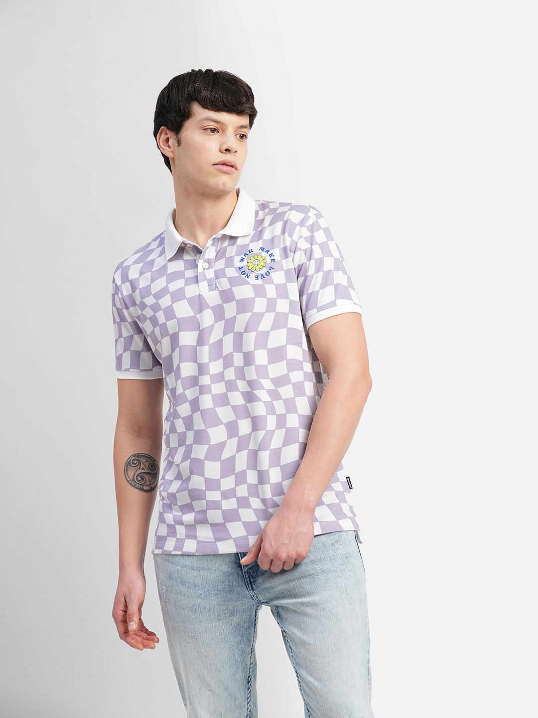 Purple Check Print Polo Neck T-shirt