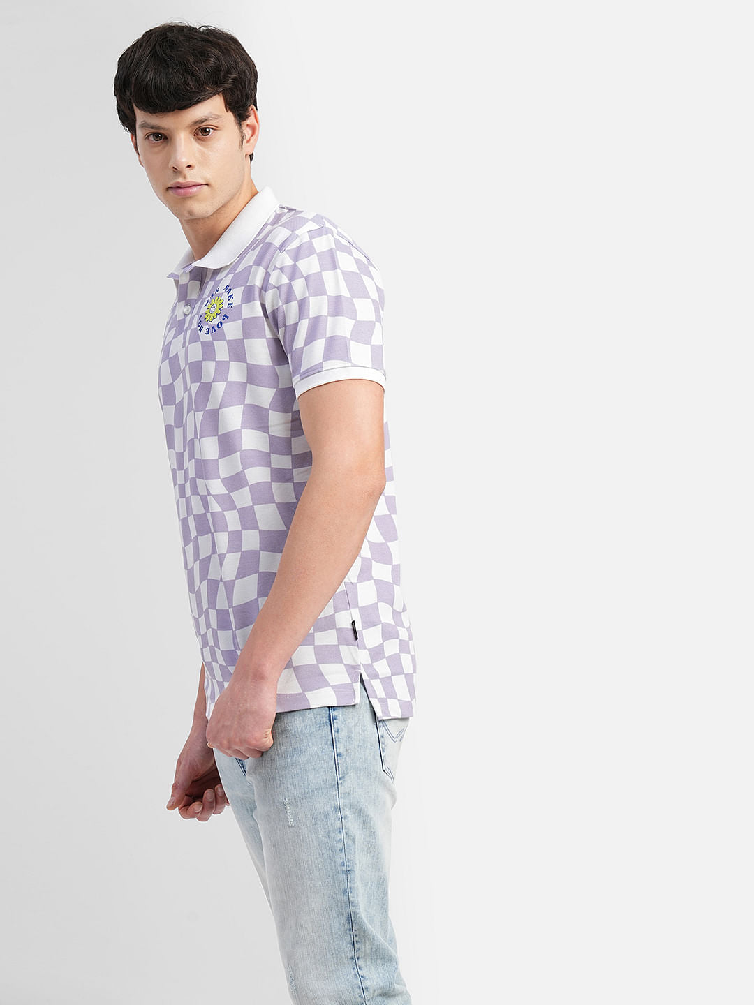 Purple Check Print Polo Neck T-shirt
