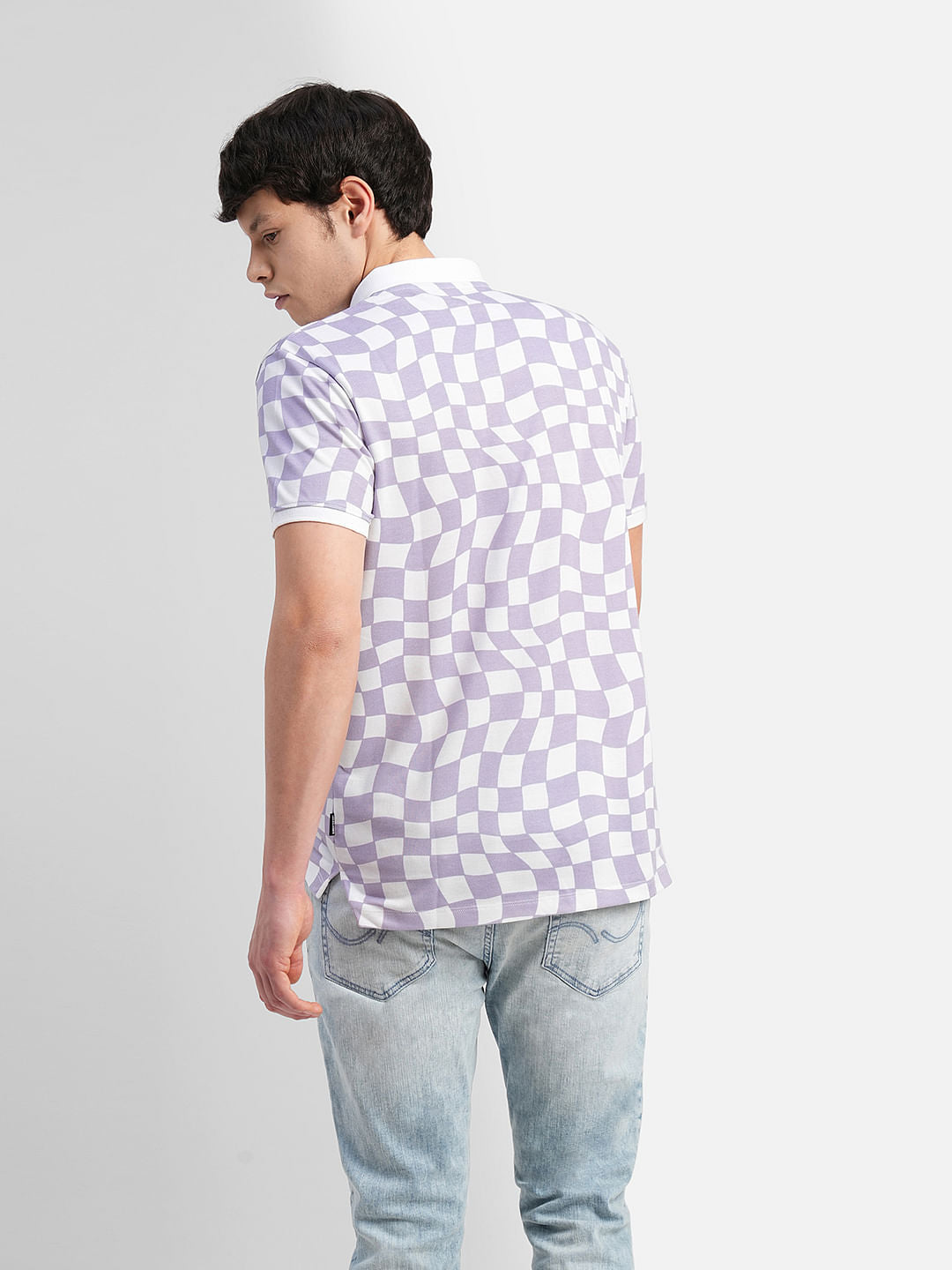 Purple Check Print Polo Neck T-shirt
