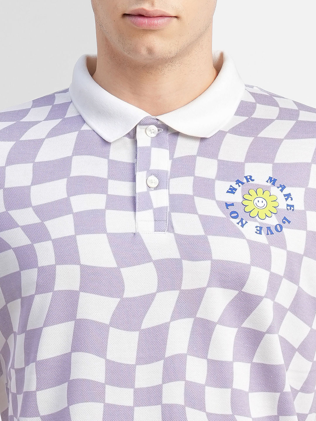 Purple Check Print Polo Neck T-shirt