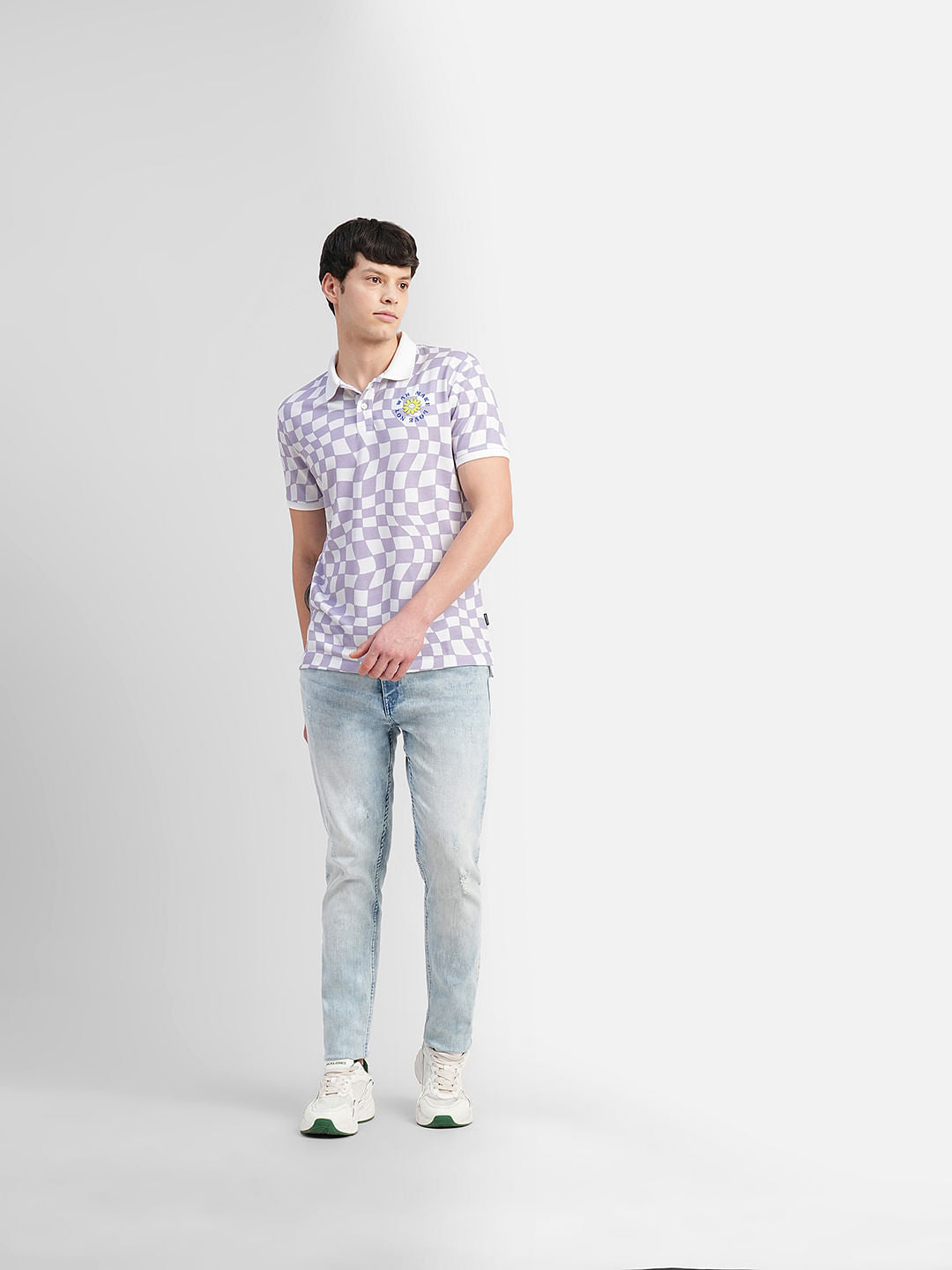 Purple Check Print Polo Neck T-shirt