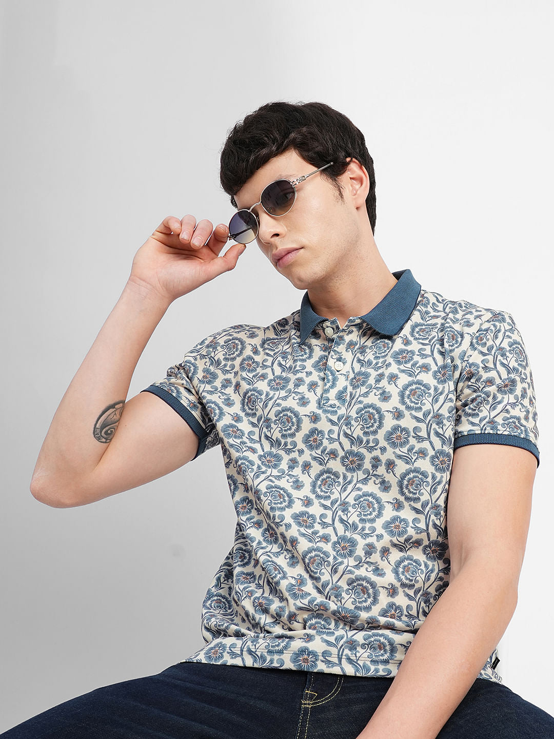 Beige Printed Polo Neck T-shirt - S