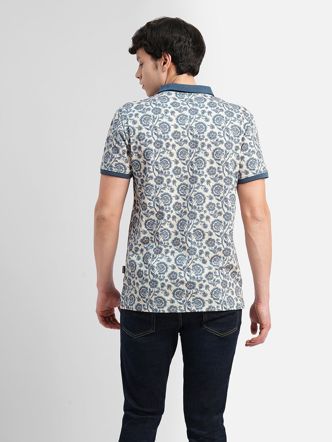 Beige Printed Polo Neck T-shirt