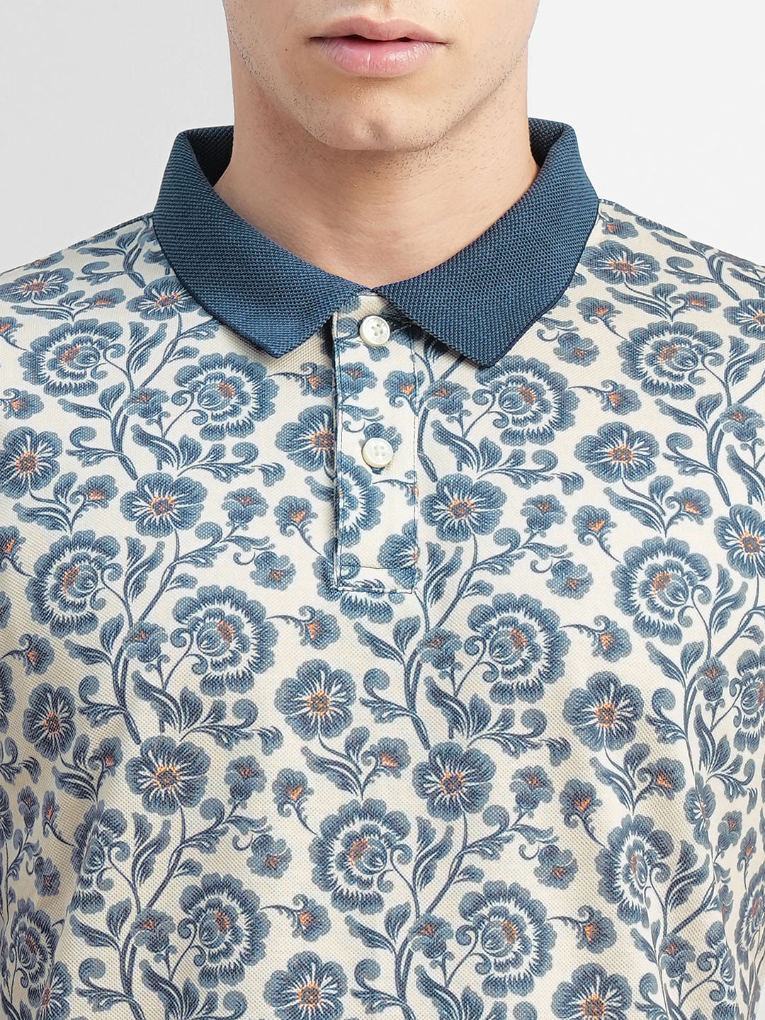 Beige Printed Polo Neck T-shirt