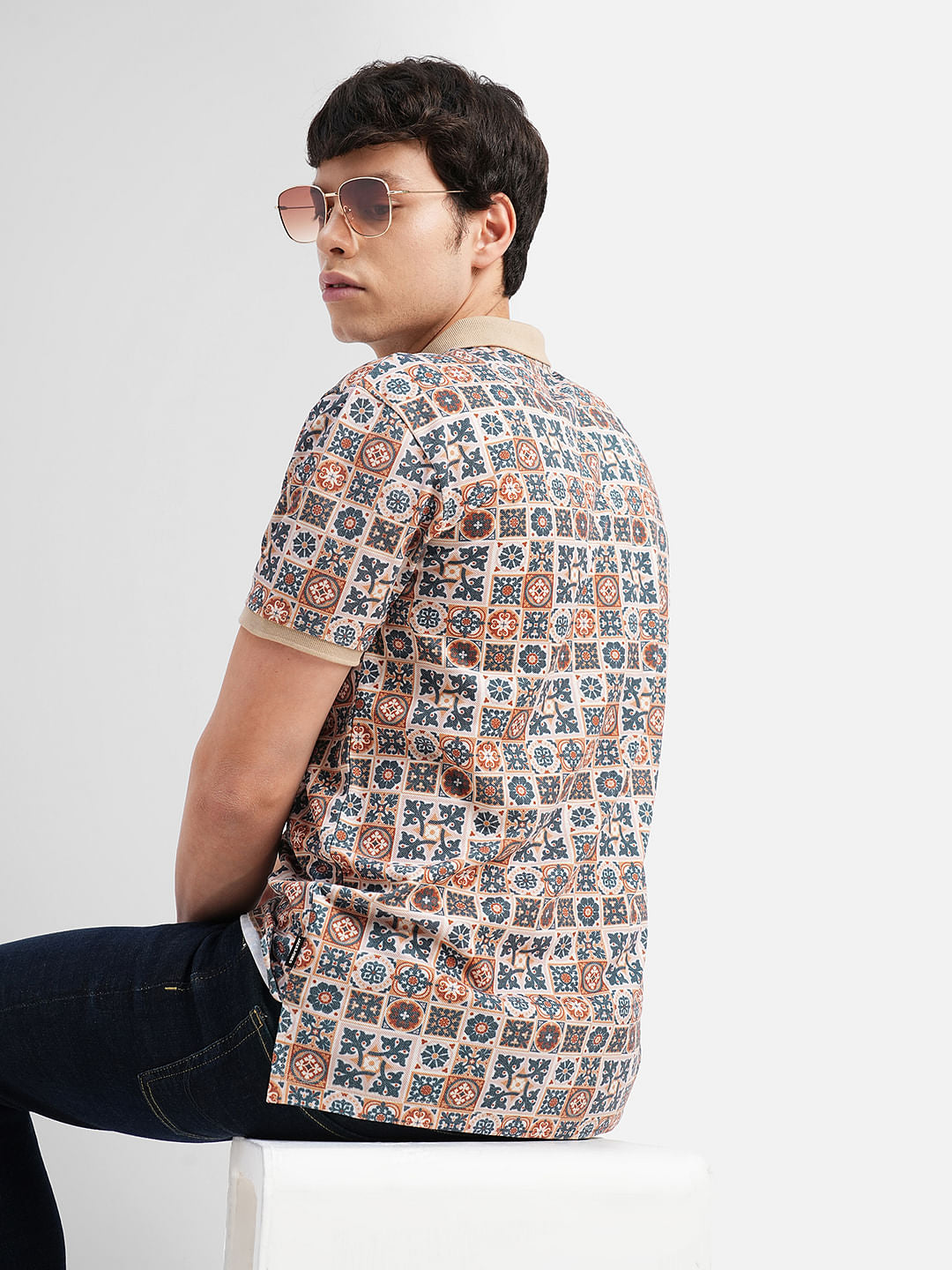 Brown Motif Print Polo T-shirt - S