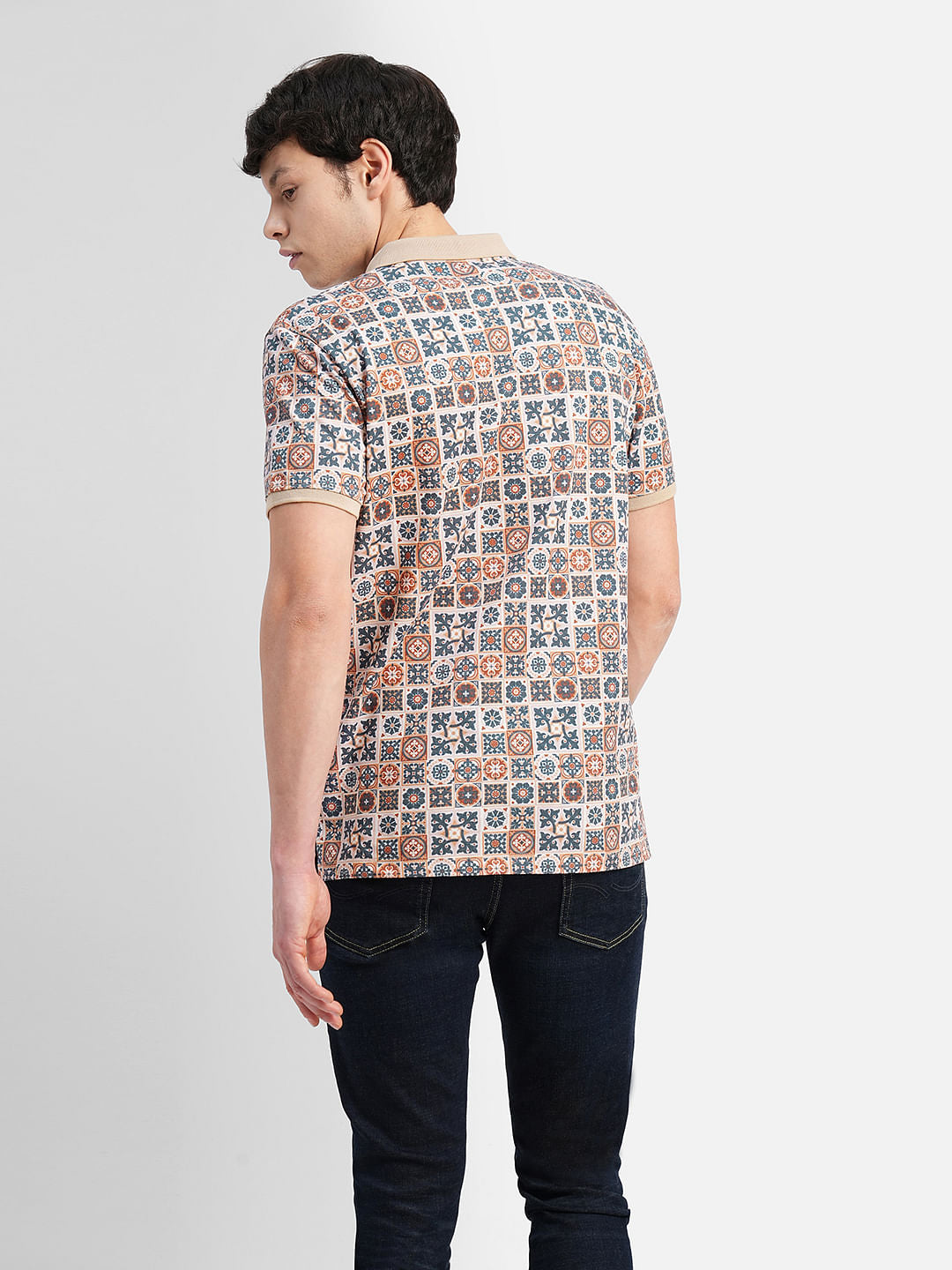 Brown Motif Print Polo T-shirt