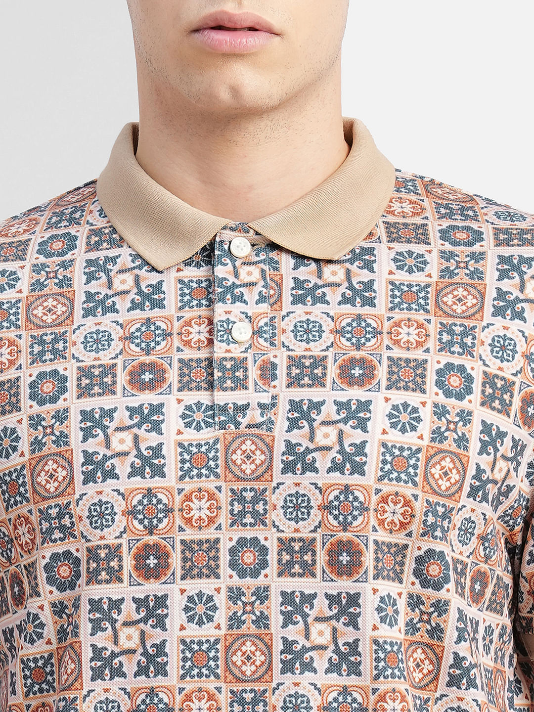 Brown Motif Print Polo T-shirt
