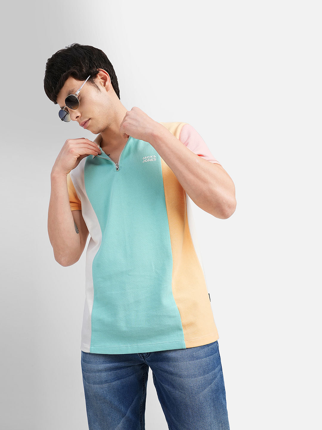 Blue Colourblocked Polo Neck T-shirt - S