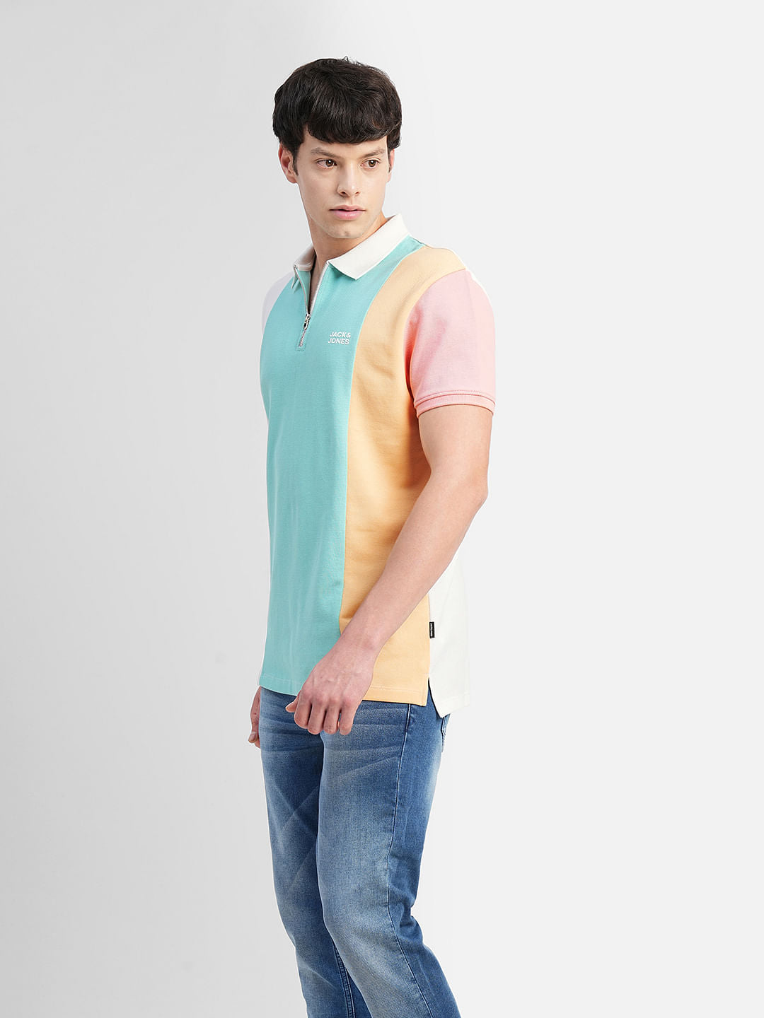 Blue Colourblocked Polo Neck T-shirt