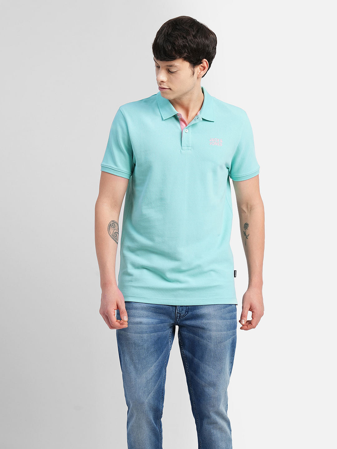 Blue Logo Print Polo Neck T-shirt