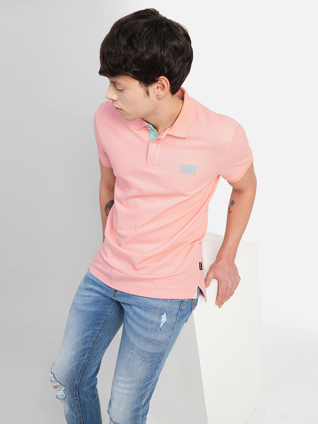 Pink Logo Print Polo Neck T-shirt
