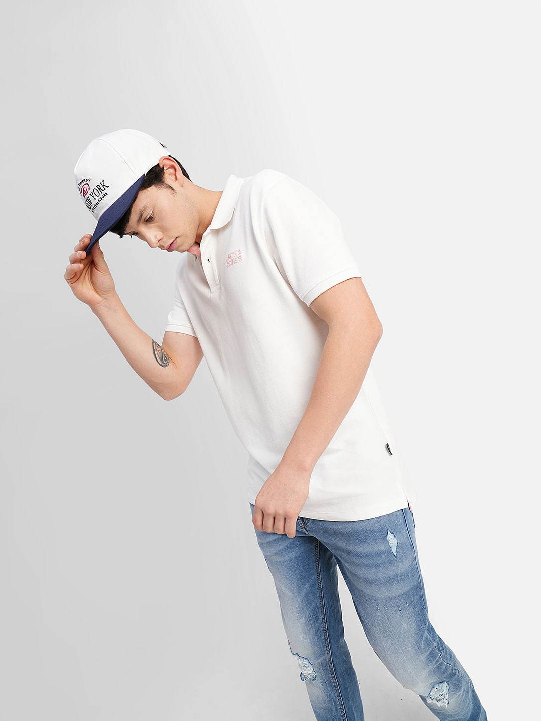 White Logo Print Polo Neck T-shirt - S