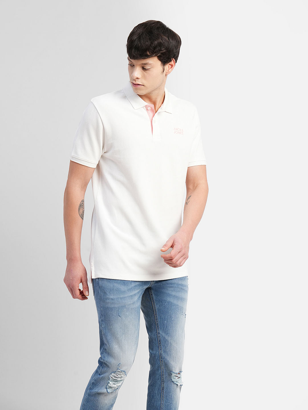 White Logo Print Polo Neck T-shirt