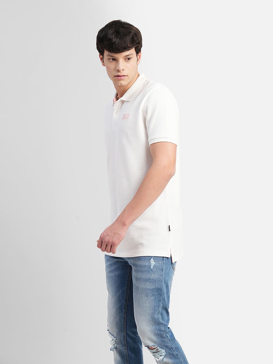 White Logo Print Polo Neck T-shirt