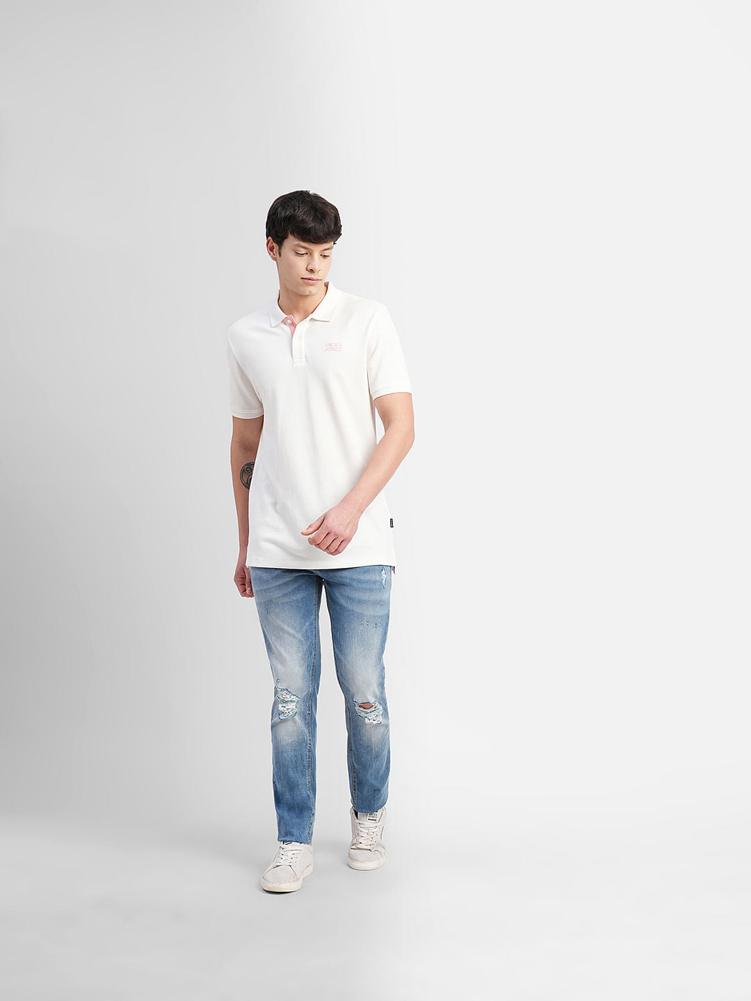 White Logo Print Polo Neck T-shirt