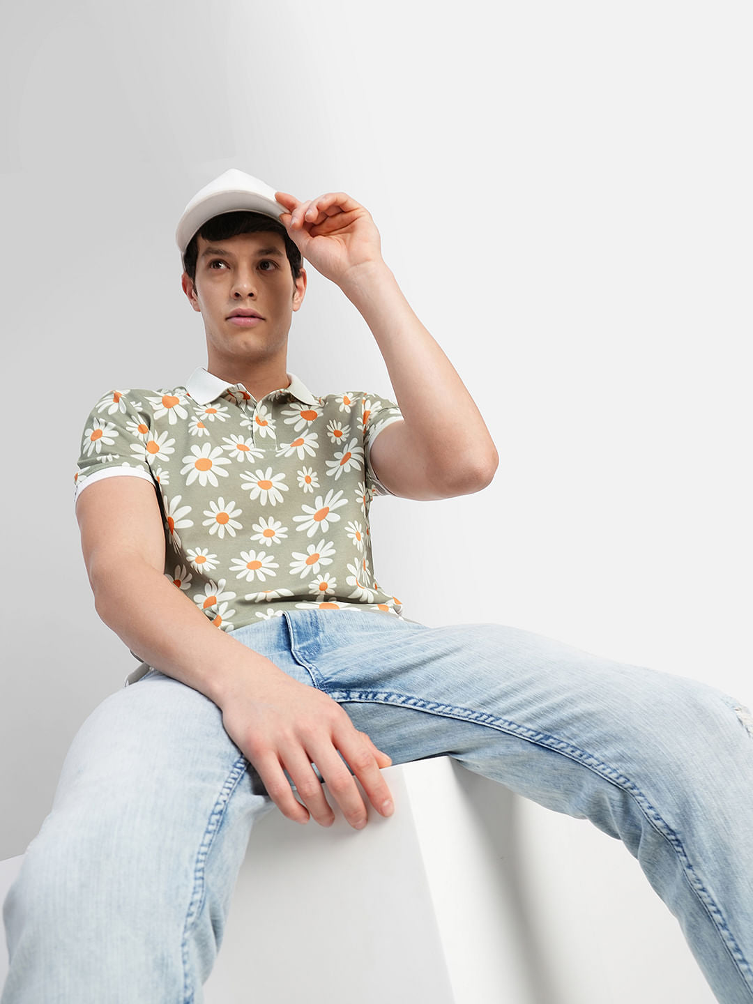 White Floral Print Polo Neck T-shirt - S