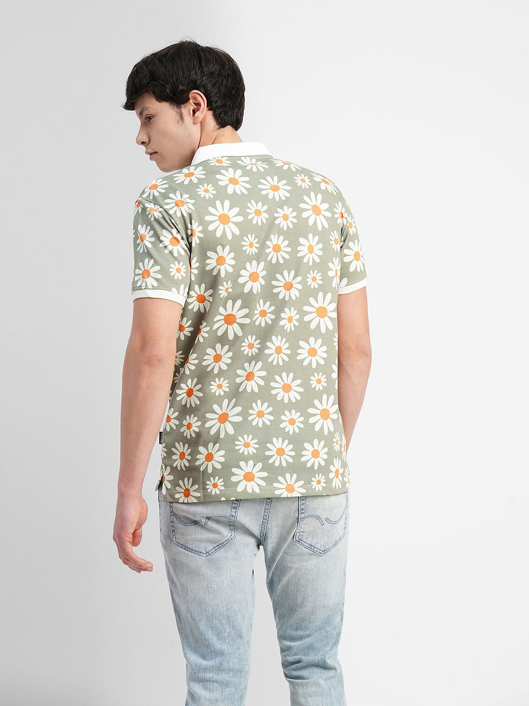 White Floral Print Polo Neck T-shirt