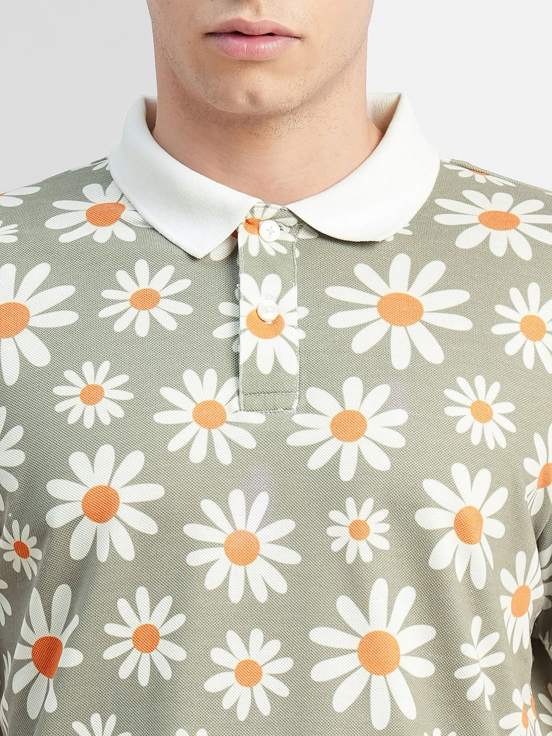 White Floral Print Polo Neck T-shirt