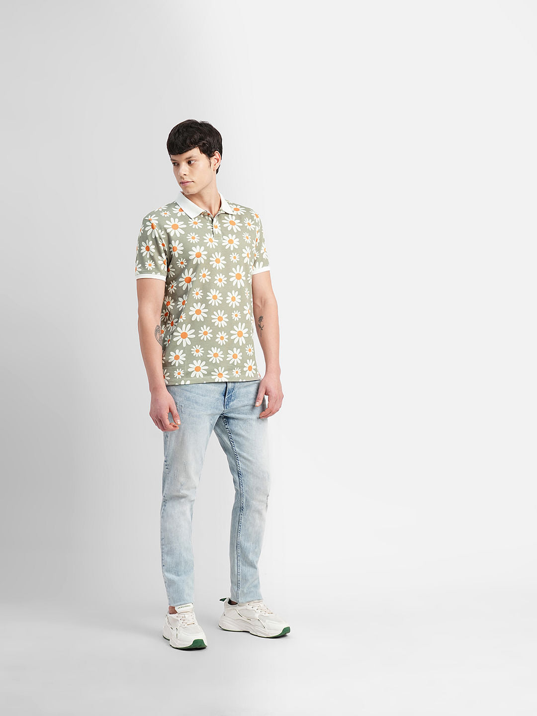 White Floral Print Polo Neck T-shirt