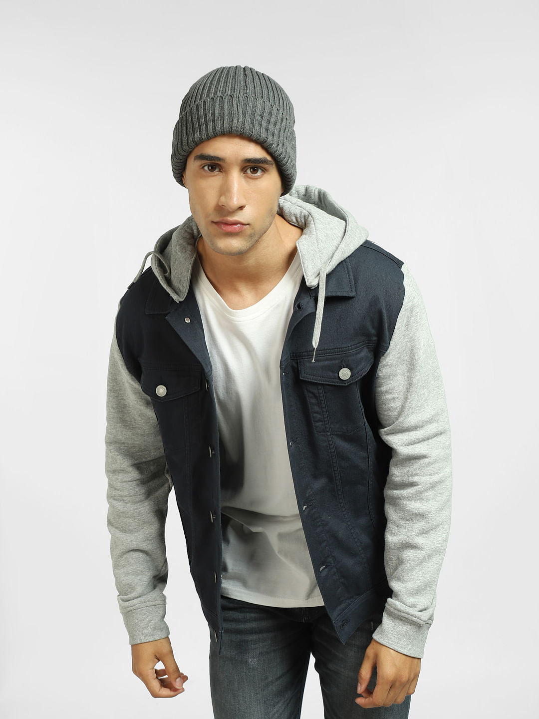 Blue Hooded Sweat-Denim Jacket - S
