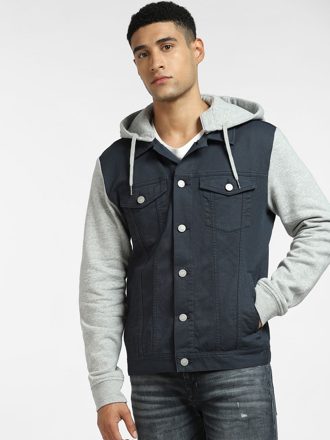 Blue Hooded Sweat-Denim Jacket