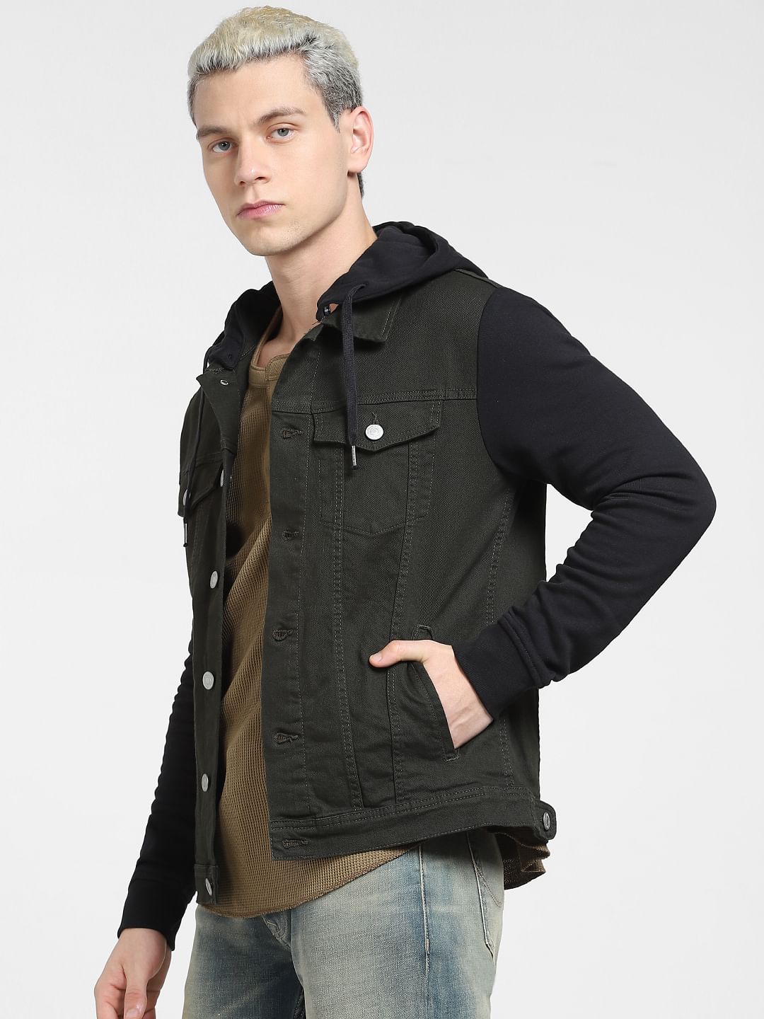 Green Colourblocked Denim Jacket