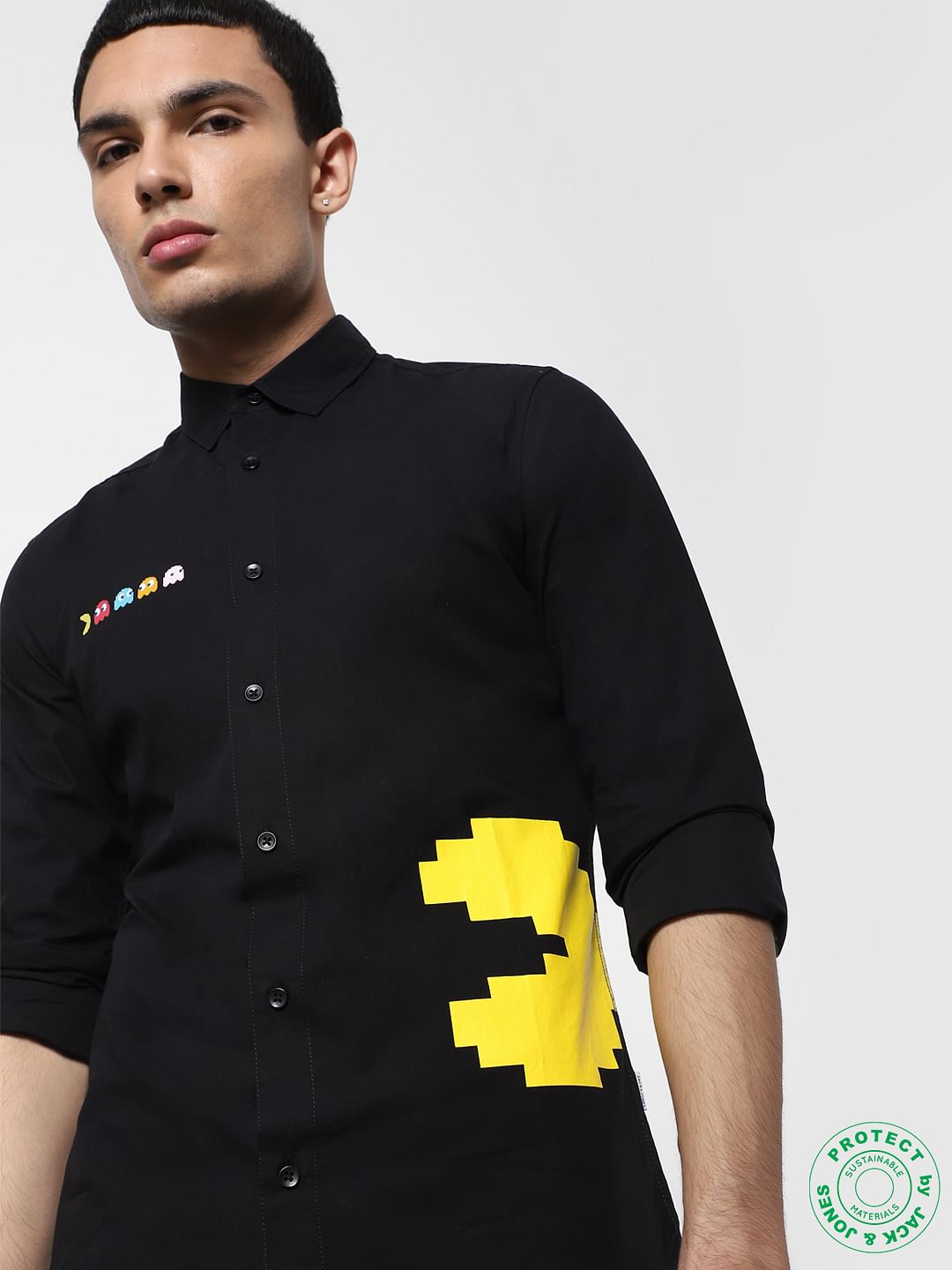 X PAC-MAN Black Graphic Print Full Sleeves Shirt - S
