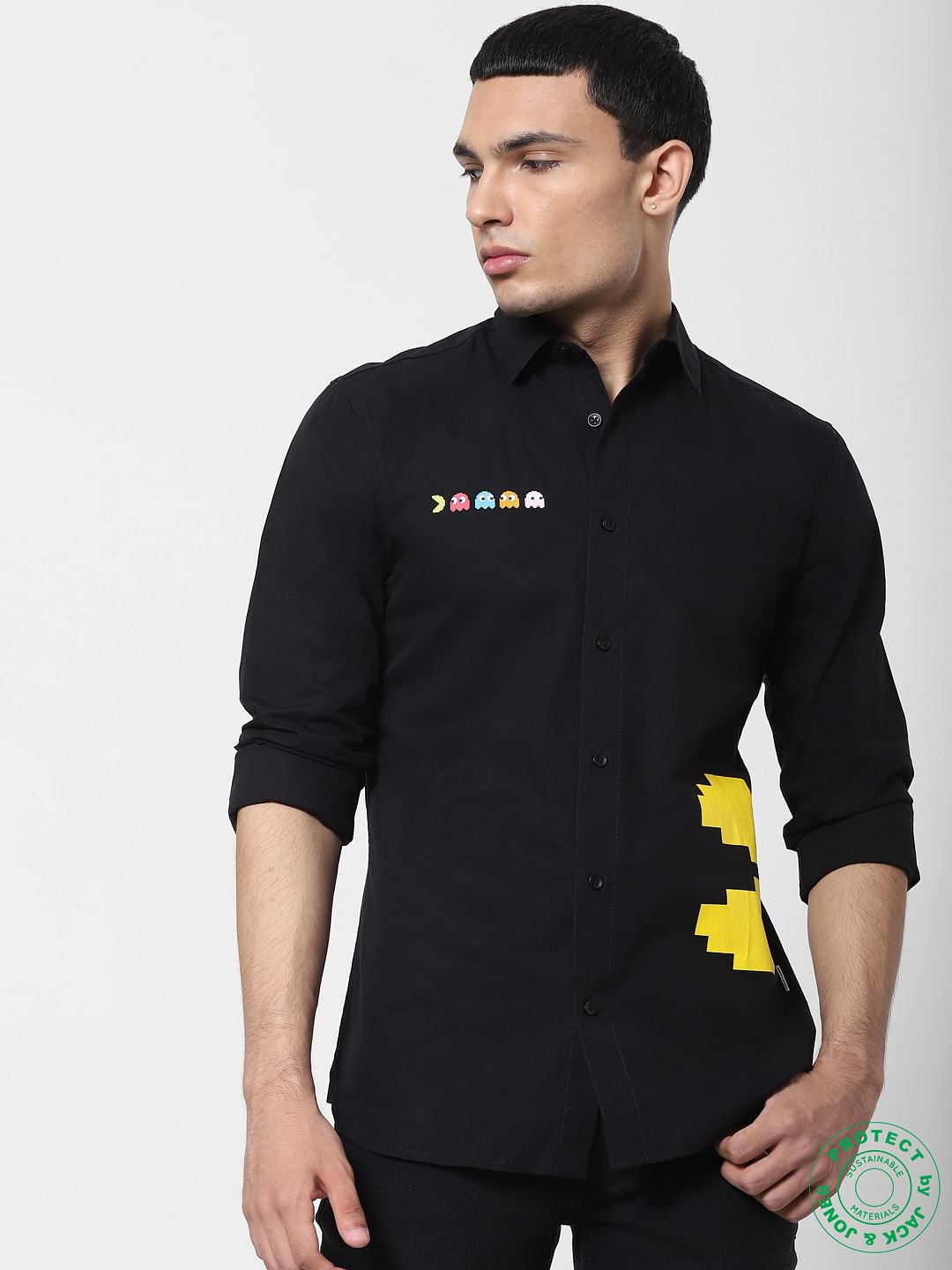 X PAC-MAN Black Graphic Print Full Sleeves Shirt