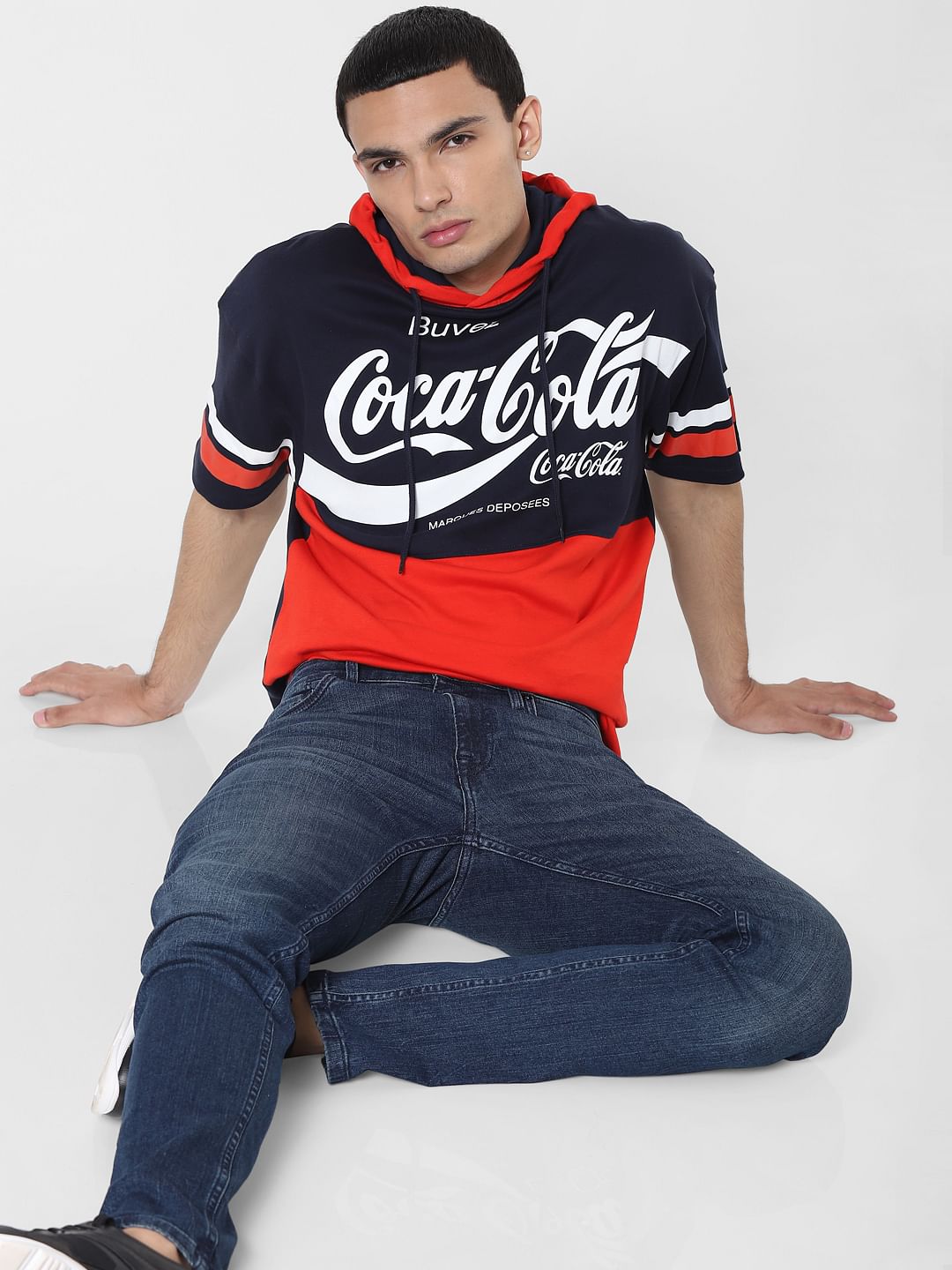 JACK&JONES | COCA COLA Blue Logo Print Hooded T-shirt - S