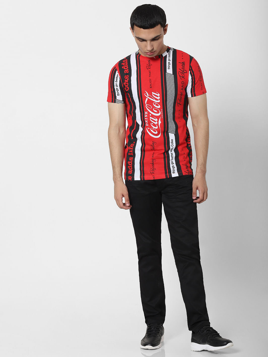 COCA COLA Red Striped Logo Print Crew Neck T-shirt