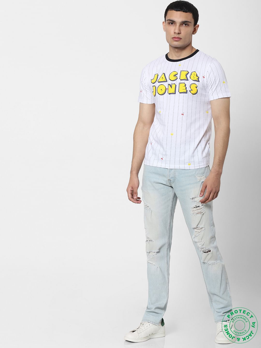 X PAC-MAN White Logo Print Crew Neck T-shirt
