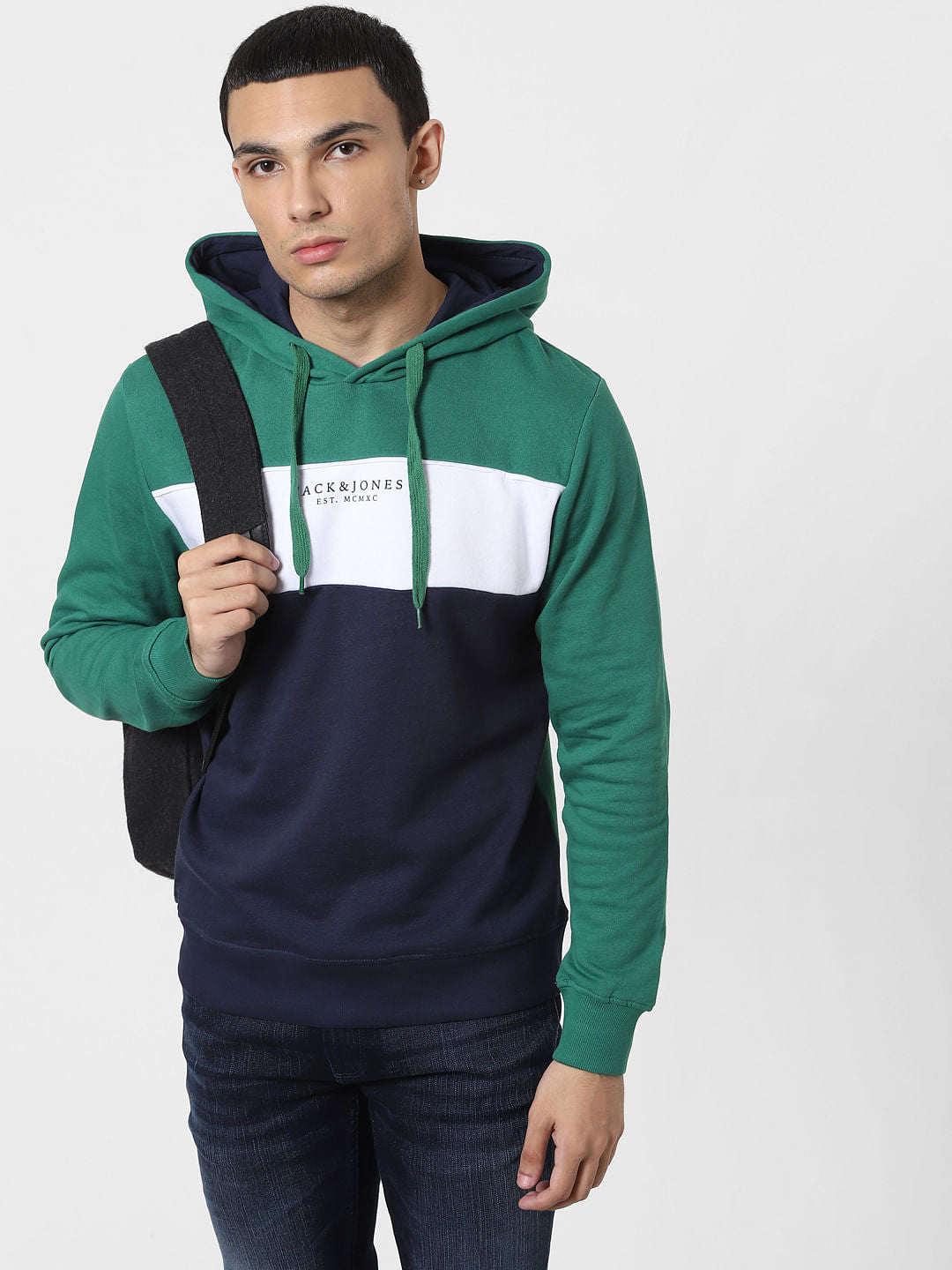 Green Colourblocked Hooded Sweatshirt