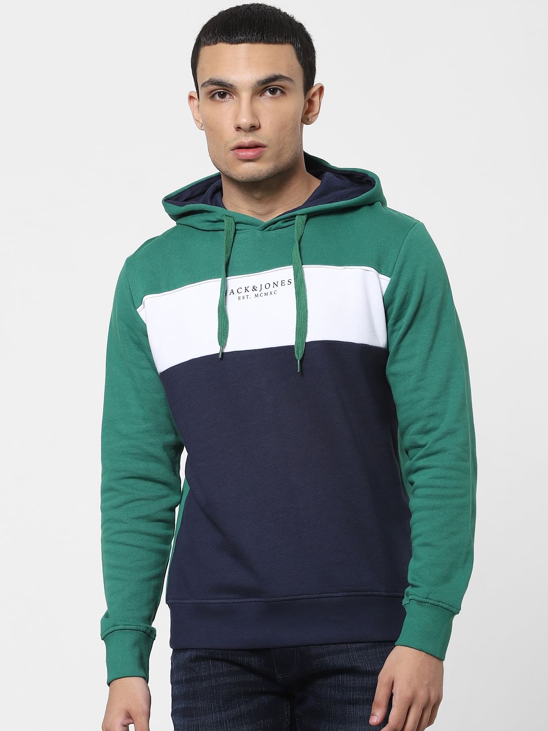 Green Colourblocked Hooded Sweatshirt