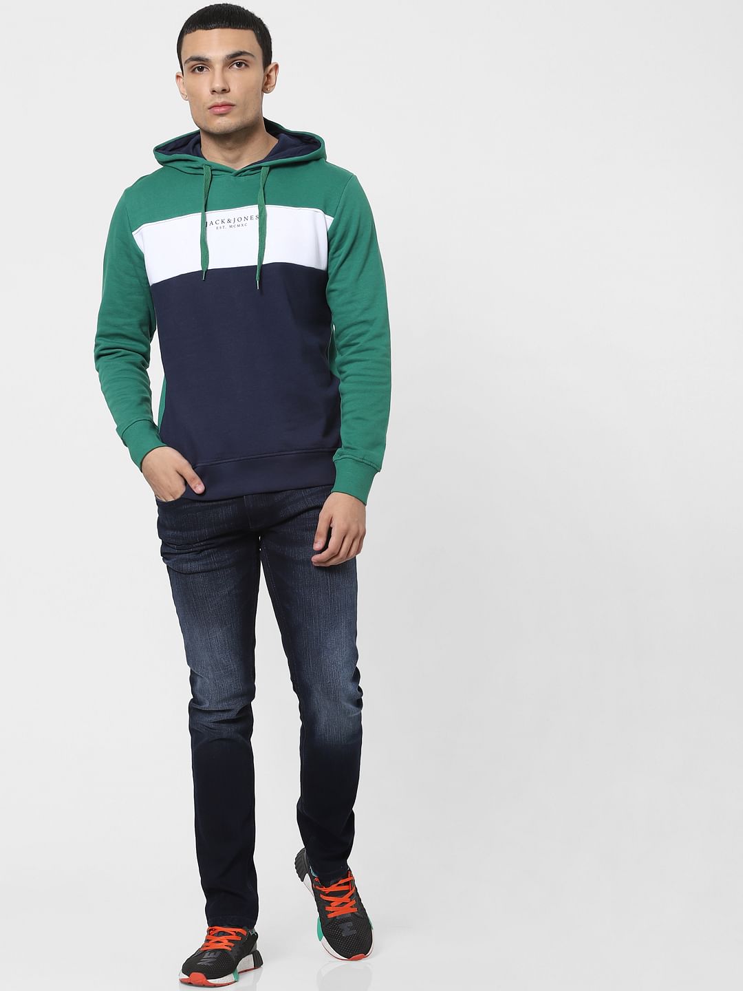 Green Colourblocked Hooded Sweatshirt
