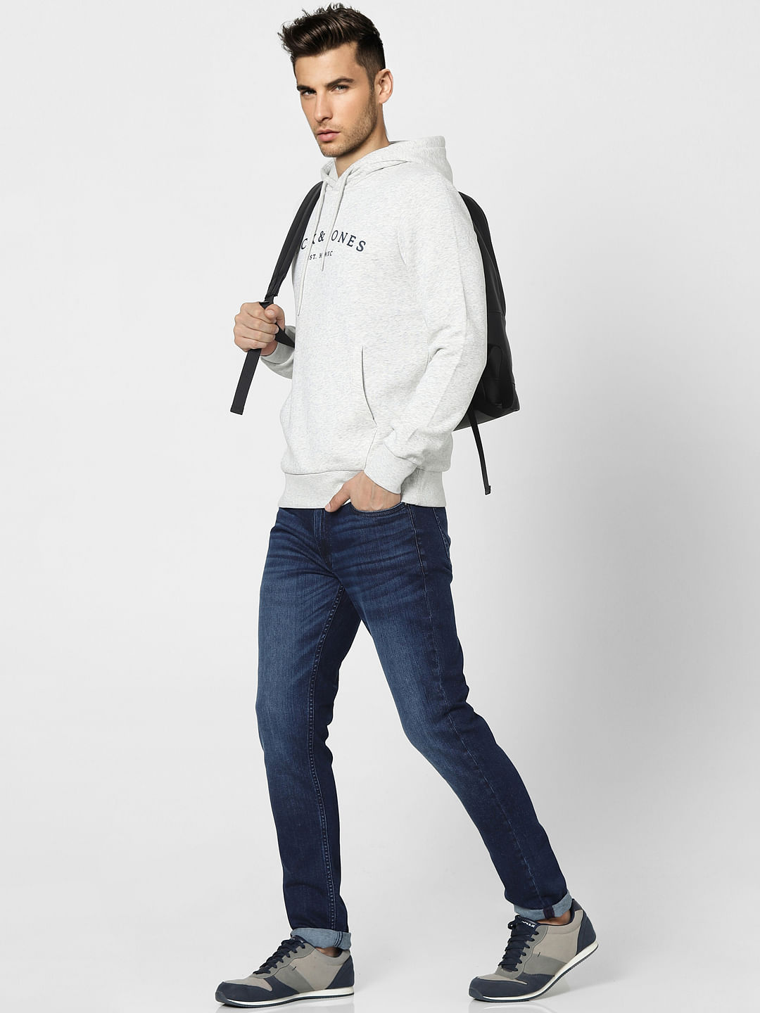 Grey Logo Print Hooded Sweatshirt - S