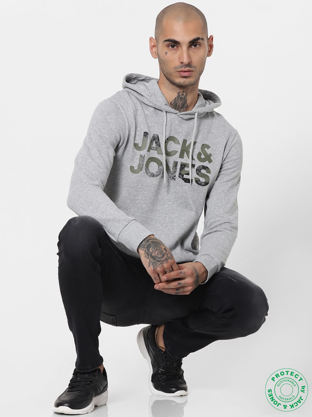 Grey Logo Print Hooded Sweatshirt - S