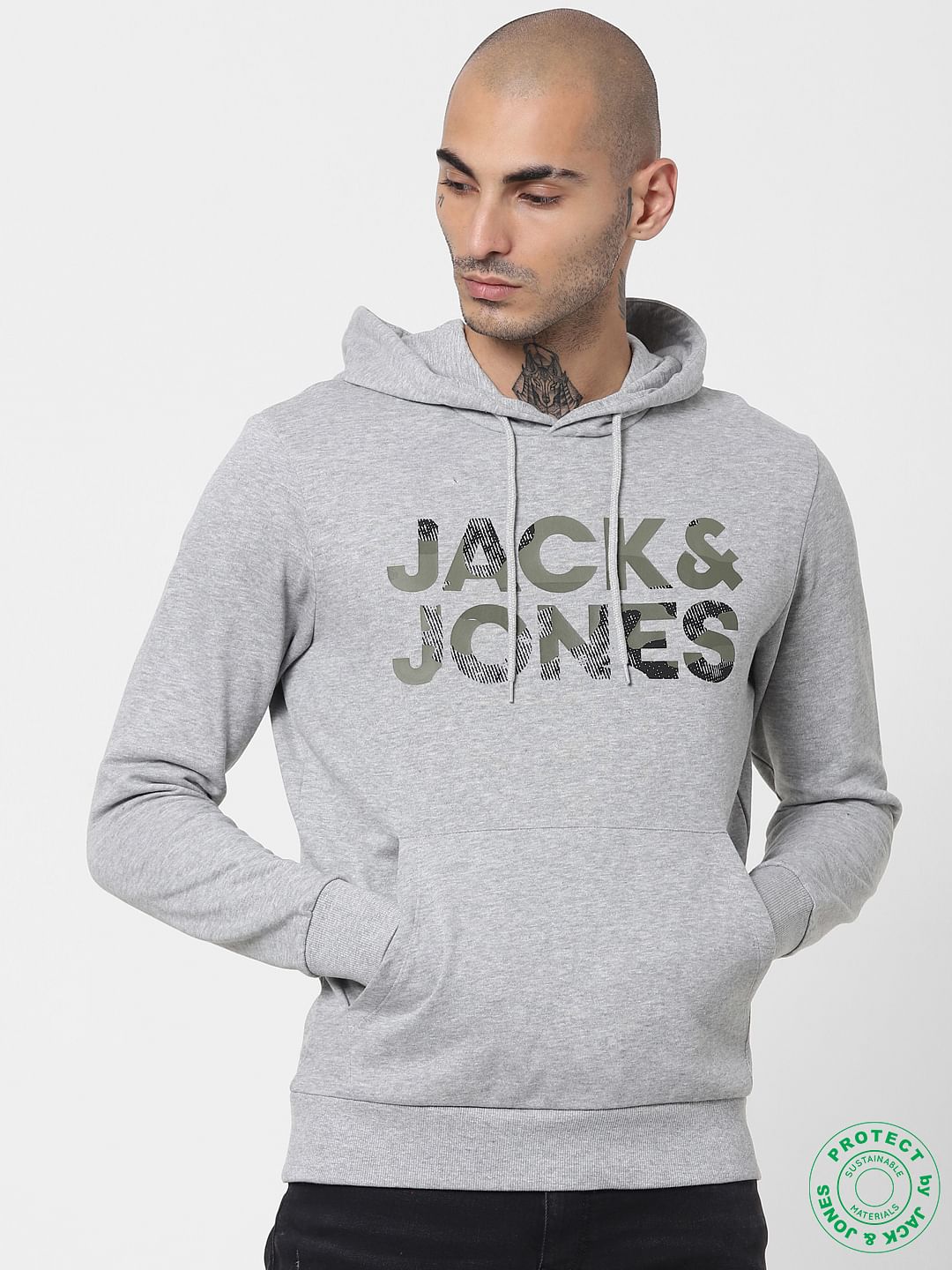 Grey Logo Print Hooded Sweatshirt
